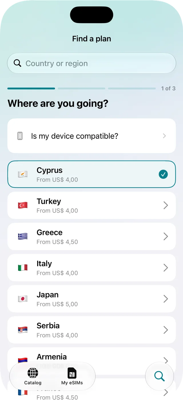 Nomlo’s Plan Finder, showing destinations and example data plans.