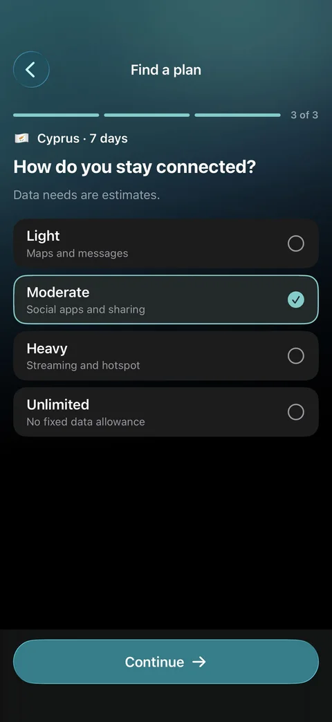 App preview of the data usage selection step in Plan Finder.