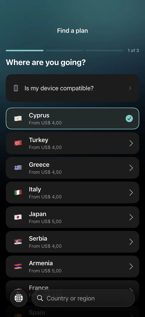 App preview of the destination selection step in Plan Finder.
