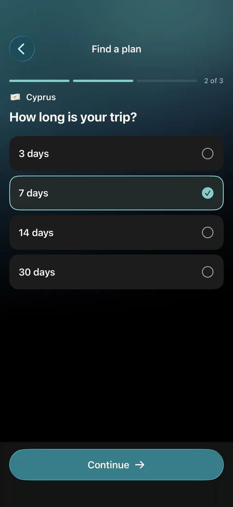 App preview of the trip length selection step in Plan Finder.