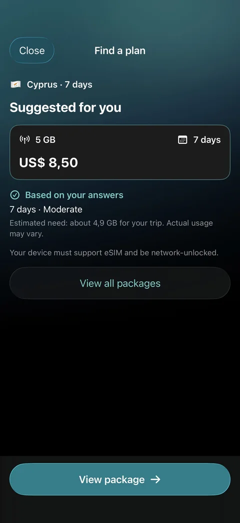 App preview of a suggested plan and its details, shown with example data.